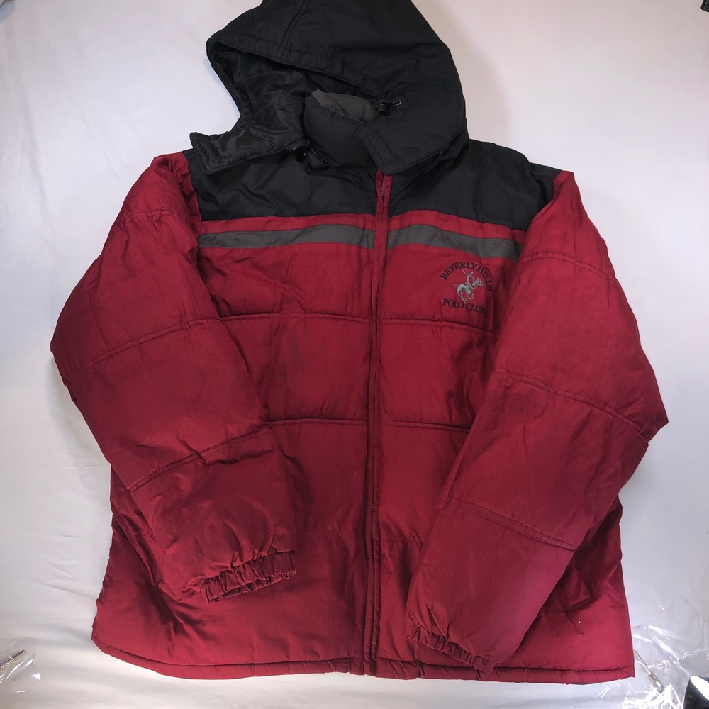 Beverly Hills Polo Club Puffer Jacket Mens Red Black Colorblock Hooded Coat